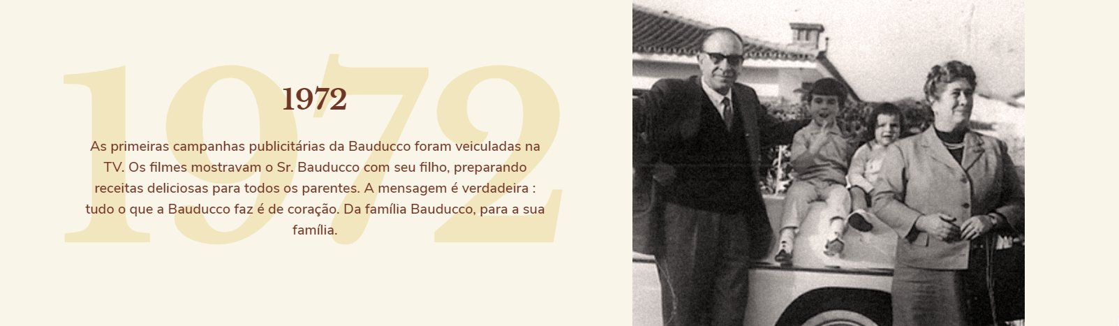 1972: As primeiras campanhas publicitárias da Bauducco foram veiculadas na TV. Os filmes mostravam o Sr. Bauducco com seu filho, preparando receitas deliciosas para todos os parentes. A mensagem é verdadeira: tudo que a Bauducco faz é de coração. Da família Bauducco, para a sua família.